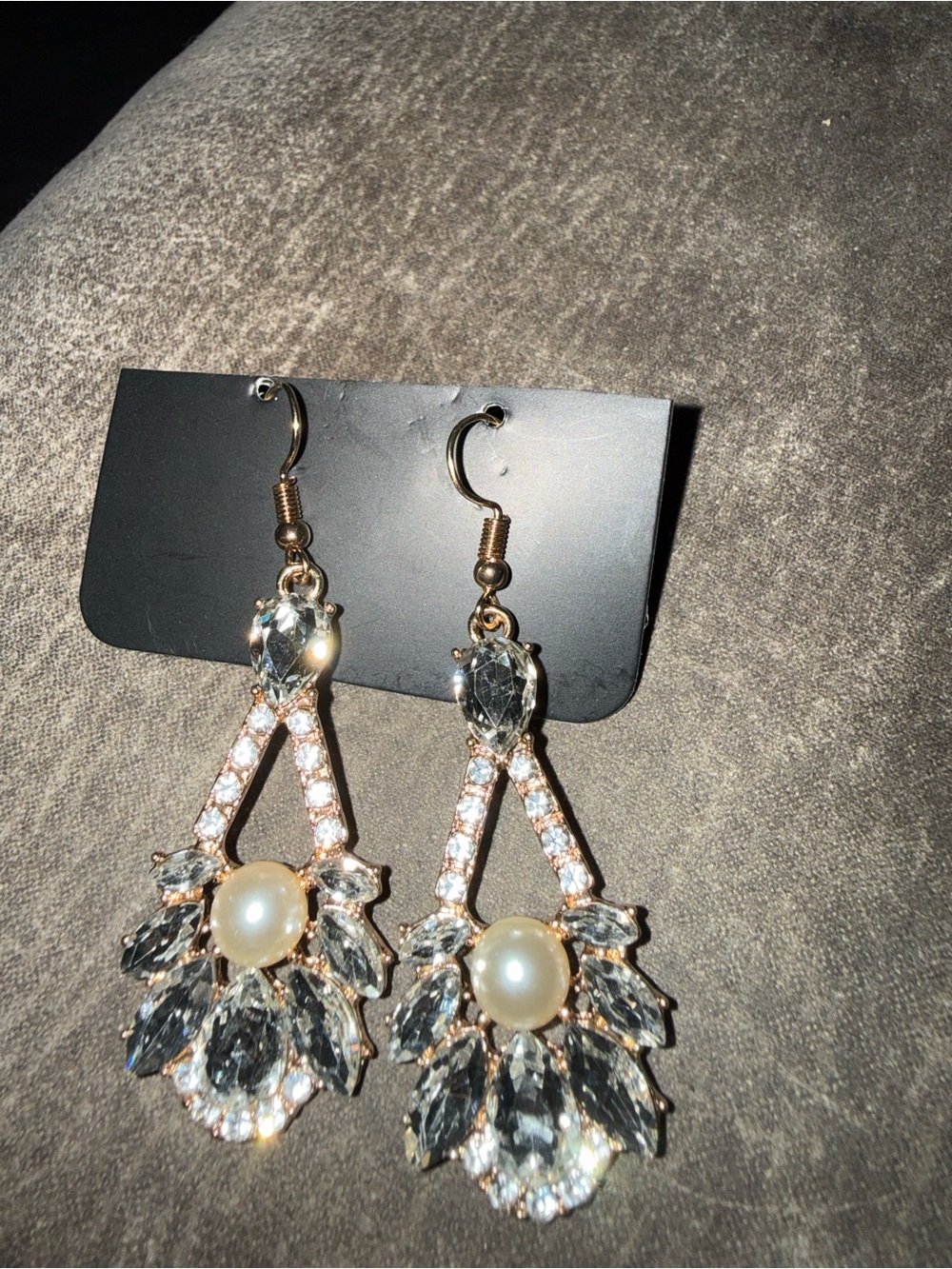Gold Pearl and Crystal Teardrop Dangle Earrings